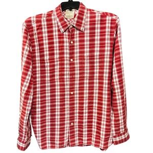 Timberland Button Down Mens Large Red White Plaid Classic Fit Organic Cotton Log